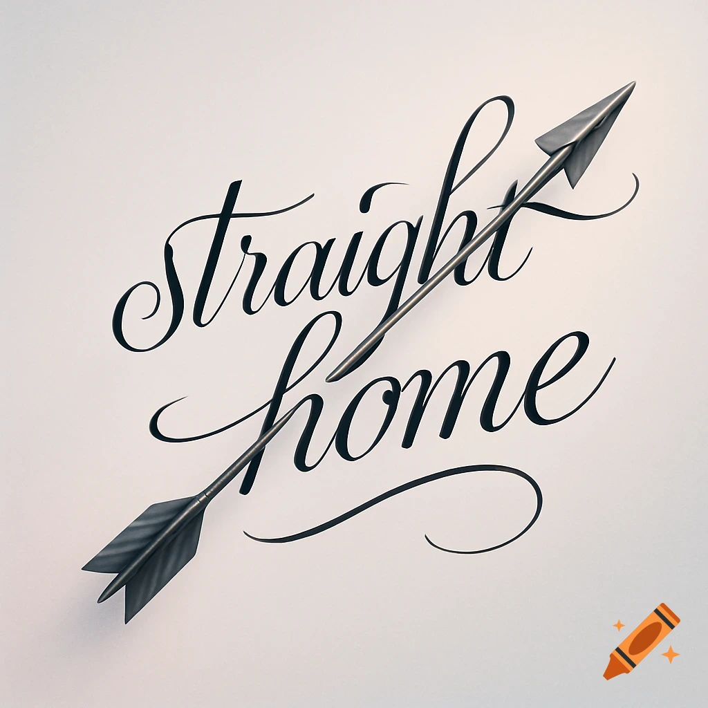 Elegant black cursive text 'straight home' with a metallic arrow piercing through it, on a light background.