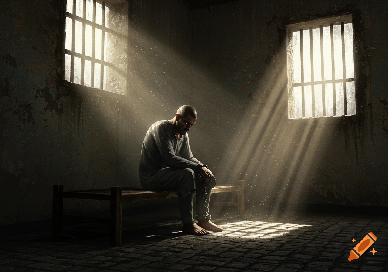 A lone man sits on a wooden bed in a dark prison cell, illuminated by dramatic light rays through a barred window.