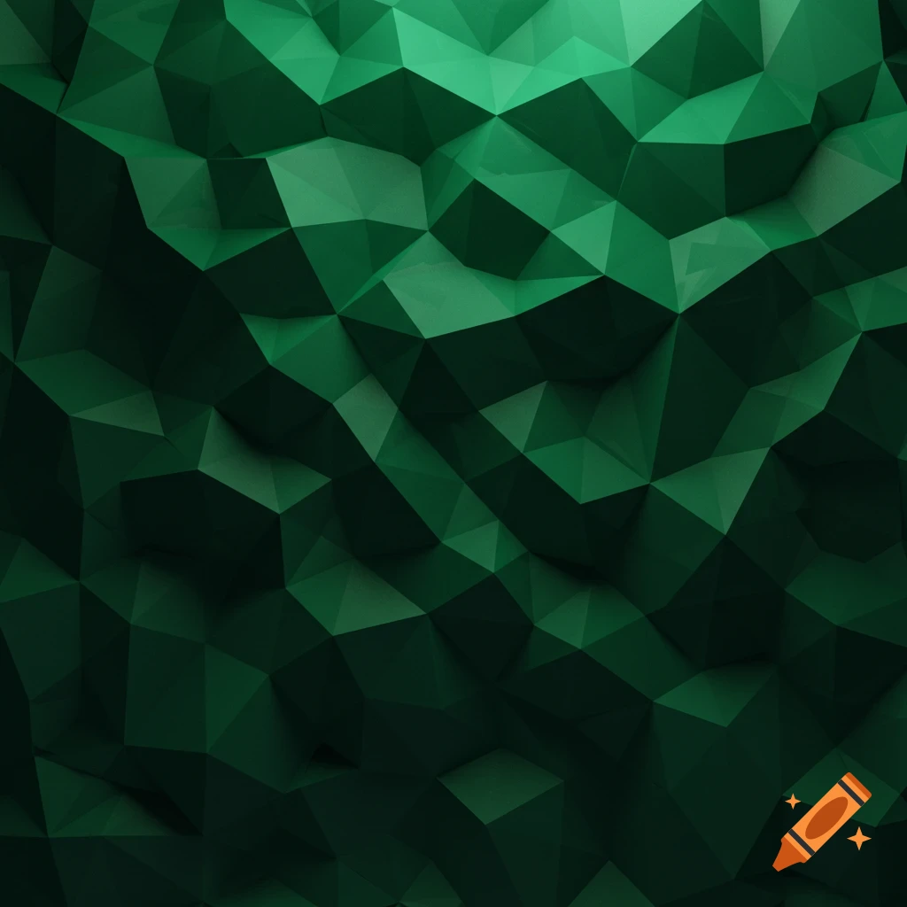 A dark green low-polygon abstract background with jagged, interconnected shapes and varying shades.