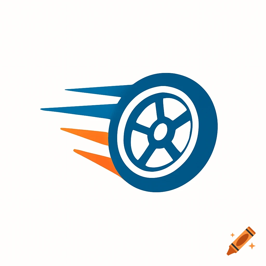 A minimalist vector logo of a blue and orange wheel in motion on a white background.