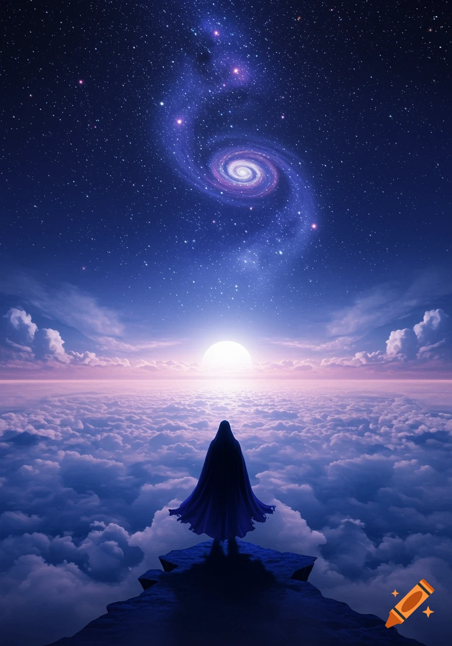 A cloaked figure stands on a cliff above clouds, looking at a bright sun/moon and a spiral galaxy in a starry blue sky.