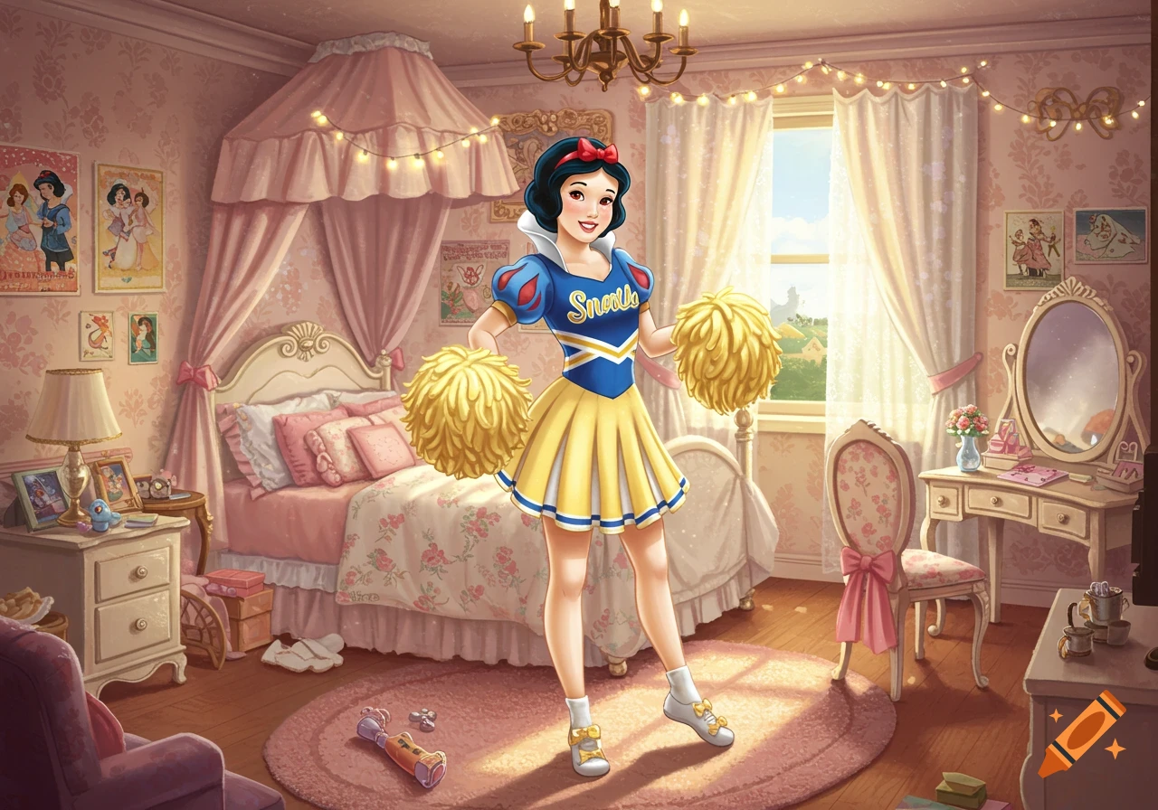 Snow White dressed as a cheerleader with pom-poms in a pink, princess-style bedroom with a bed, dresser, and chandelier, in a bright, illustrative style.
