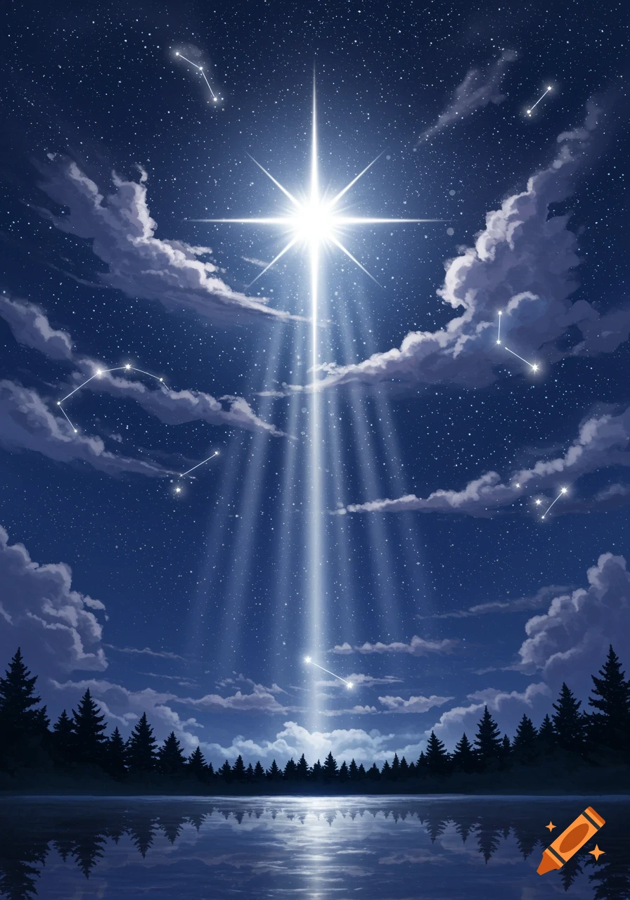 A bright star shines down on a calm lake and dark forest under a starry night sky with clouds and constellations.