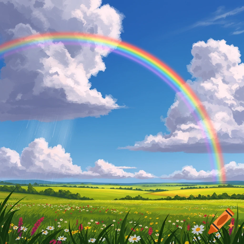 Vibrant rainbow arches over a green meadow with wildflowers under a blue sky with fluffy clouds, in an illustrative style.