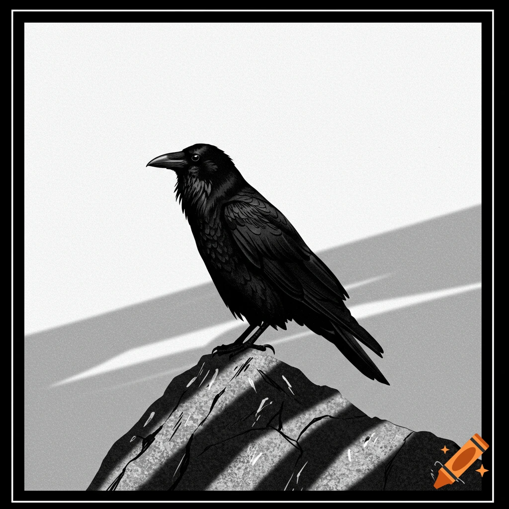 A black raven with detailed feathers perched on a textured rock, casting strong shadows in a black and white illustration.