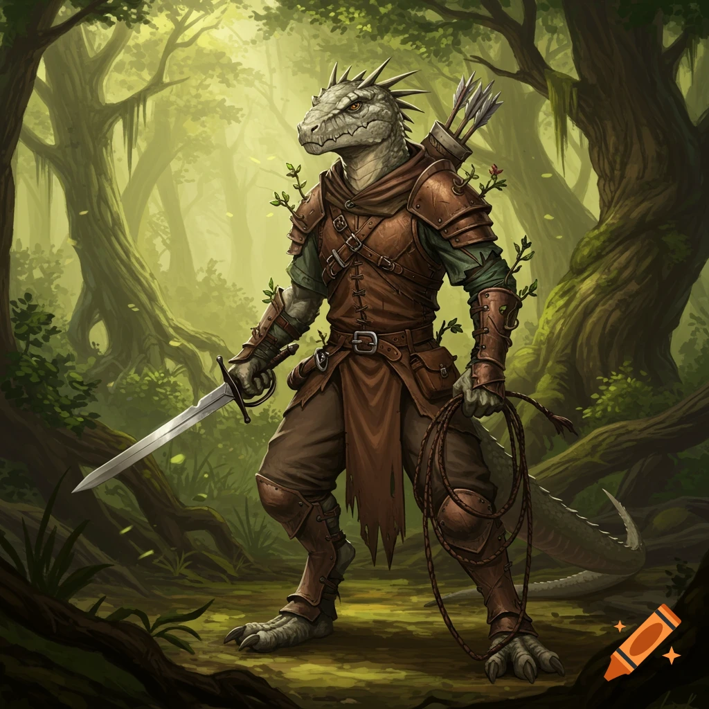 A detailed fantasy illustration of a lizardfolk ranger standing in a lush, misty forest, holding a shortsword and a coiled whip.