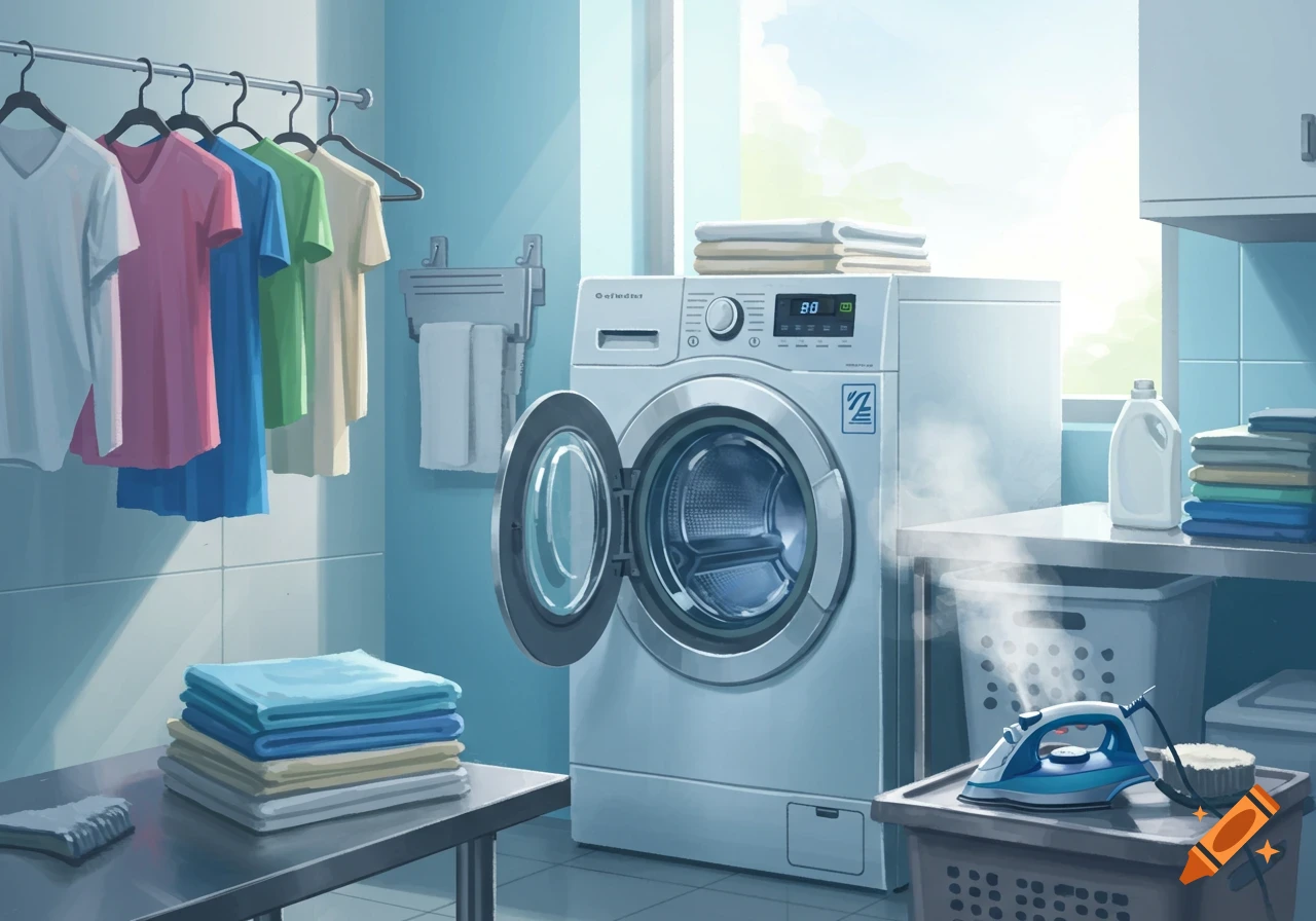An illustrated laundry room with a washing machine, clothes hanging on a rack, folded clothes, and an iron with steam.