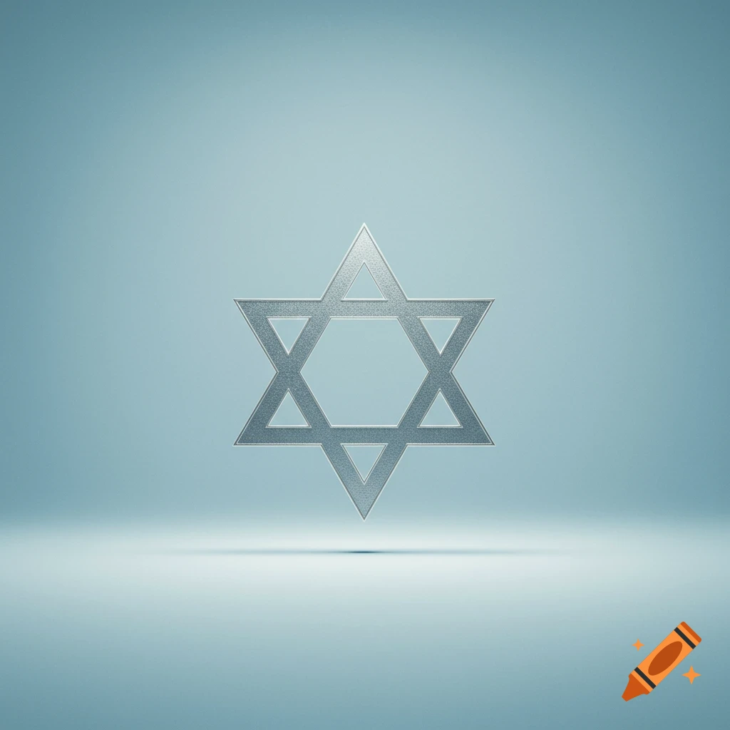 A silver Star of David floats above a light blue surface against a matching light blue background.