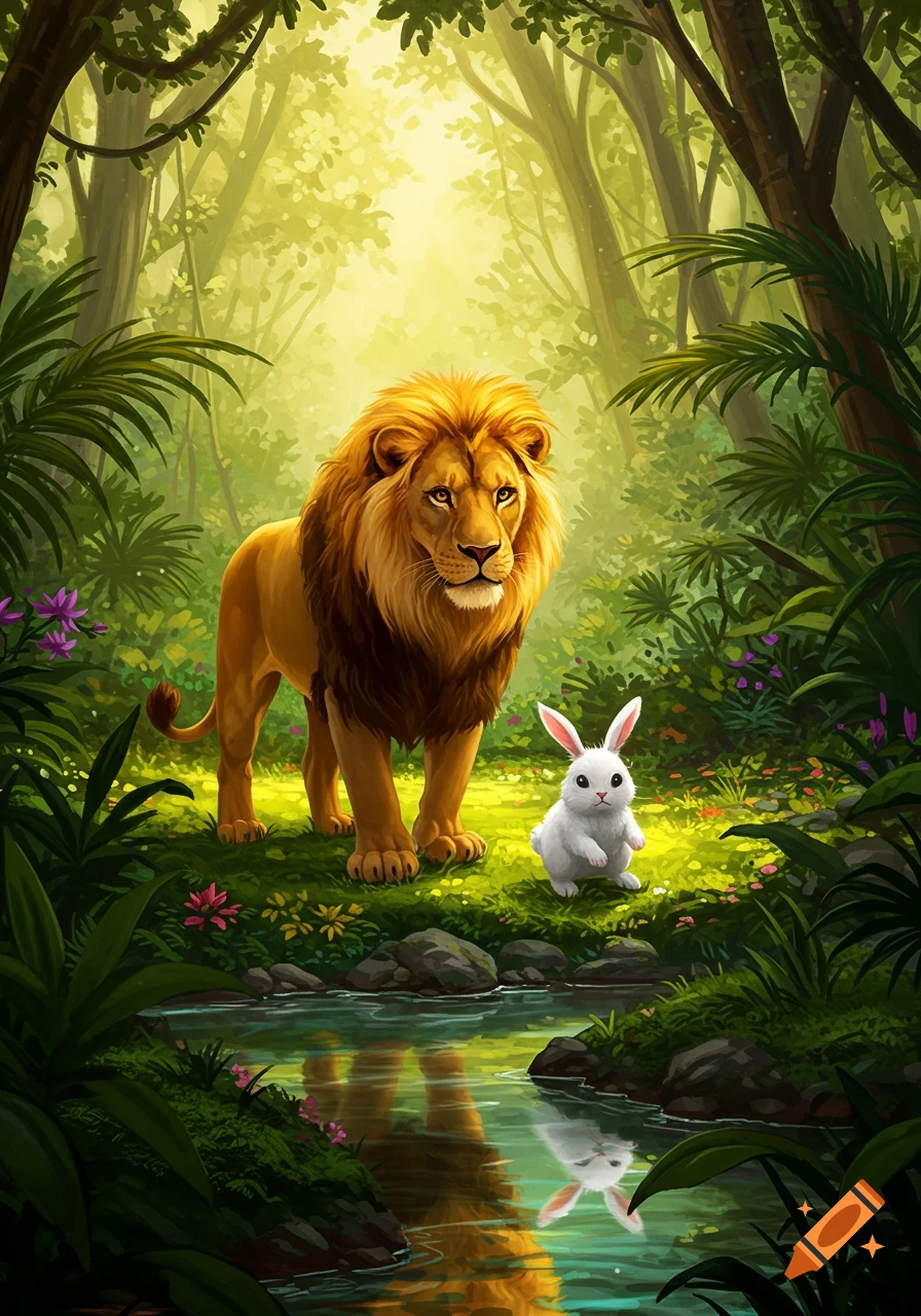 A majestic lion and a small white bunny stand together by a stream in a lush, sunlit jungle. The style is illustrative.