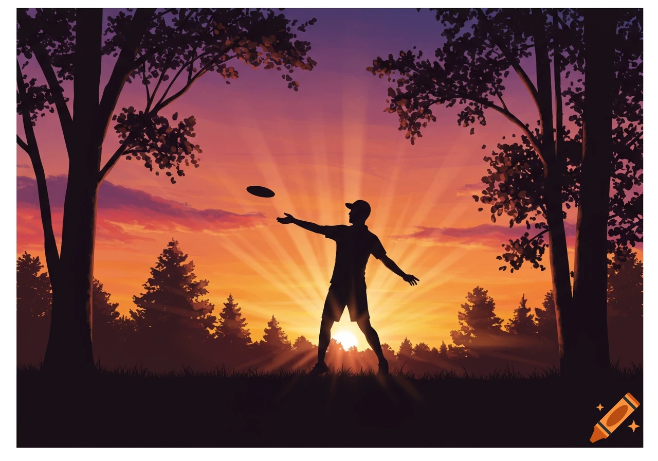 A silhouette of a person throwing a frisbee in a park at sunset, framed by trees.