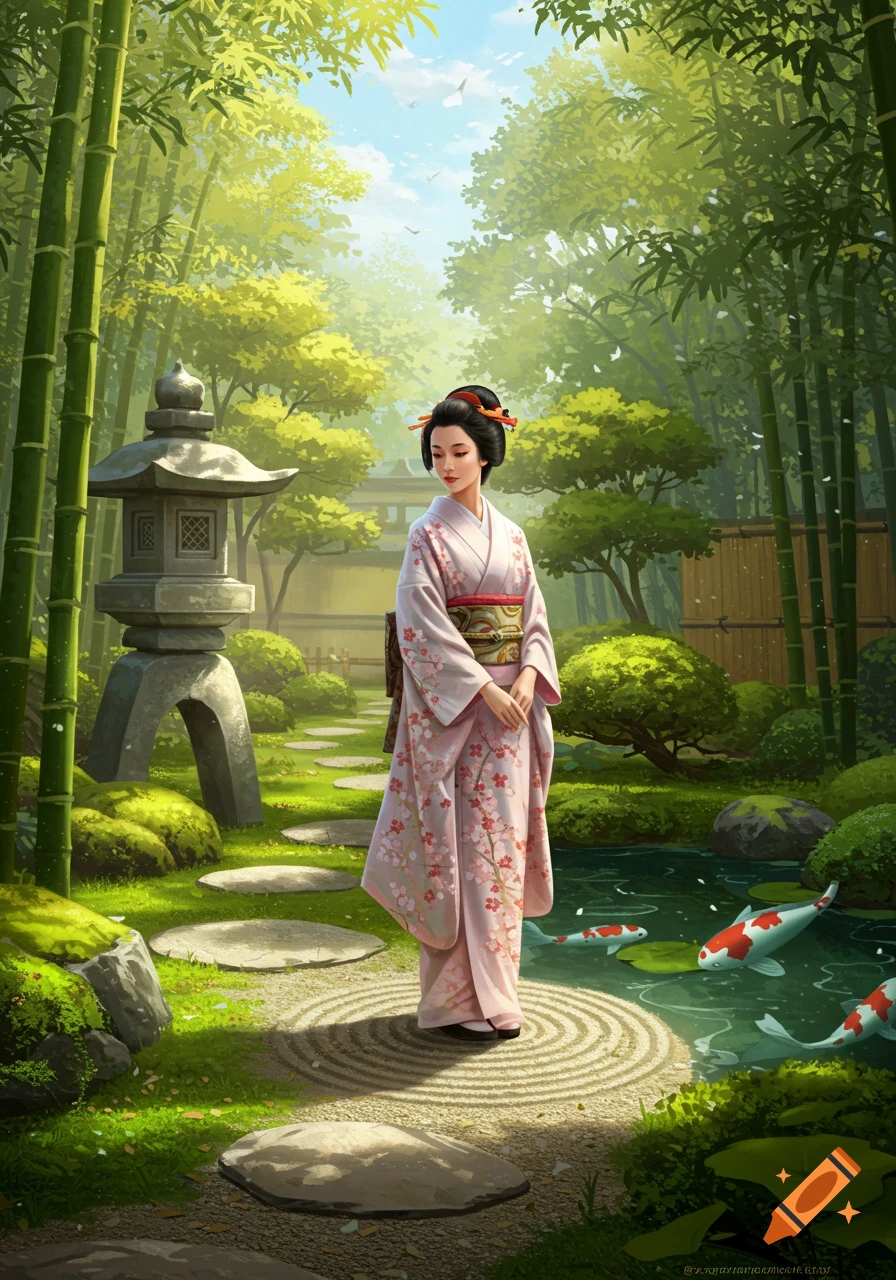 Japanese woman in pink kimono in a lush garden with bamboo, stone lantern, and koi pond.