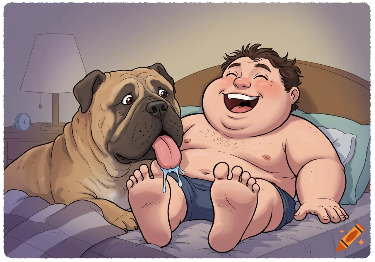 A cartoon of a chubby man laughing in bed as a Bullmastiff dog licks his feet with a large, sloppy tongue.