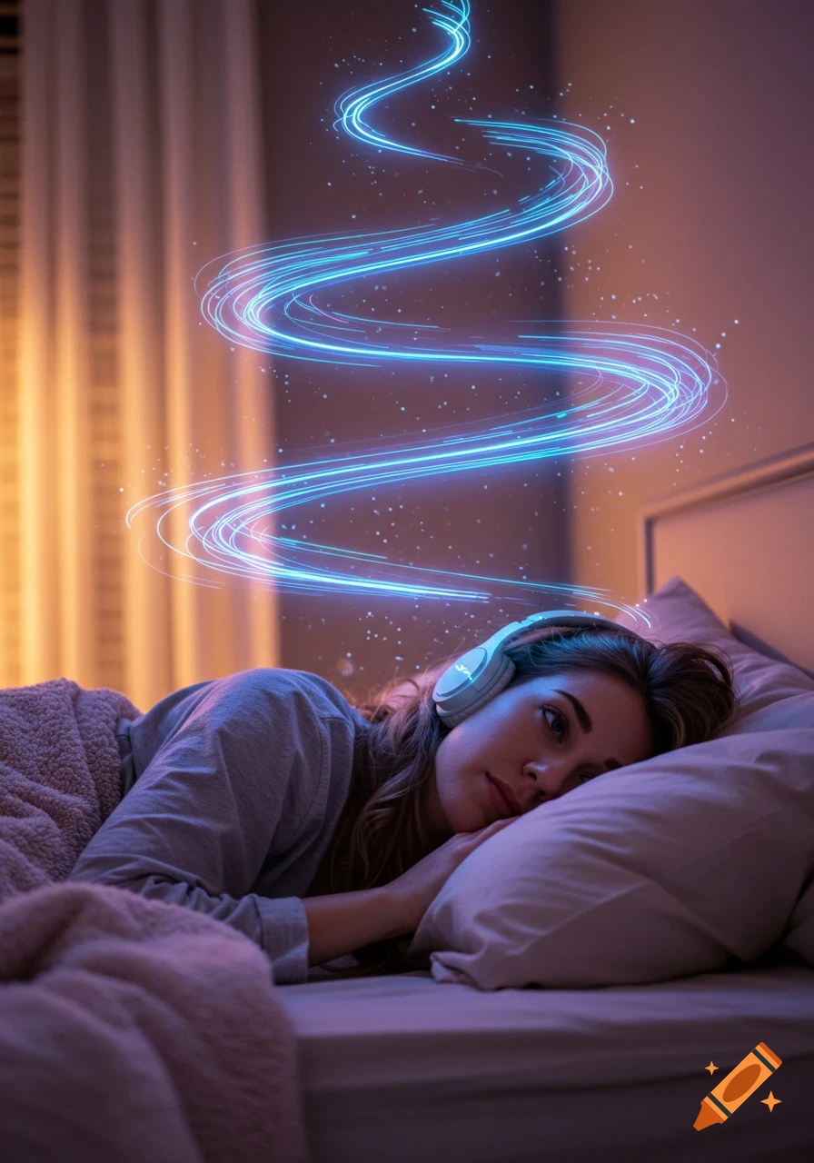 A woman lies in bed wearing headphones, with glowing blue light trails and sparkles emanating above her head.