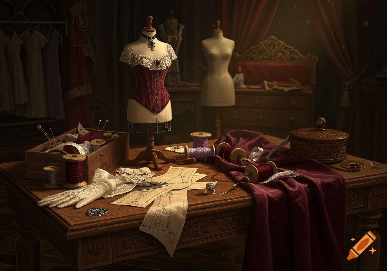 A warmly lit Gothic-Victorian atelier with an ornate wooden table covered in velvet fabric, sewing tools, and a mannequin with a corset.