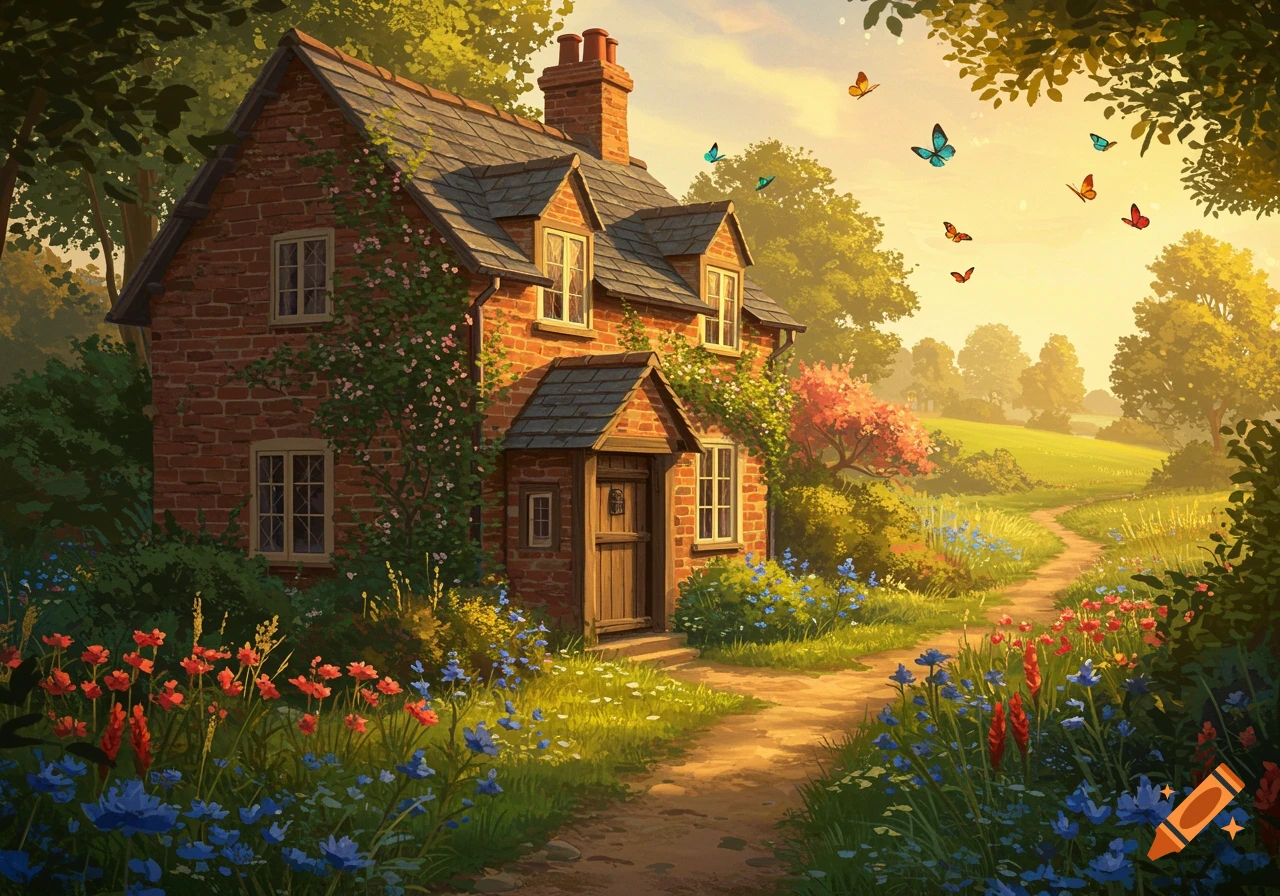 A charming brick cottage with vines and flowers, a winding path, and butterflies in a sunny, vibrant landscape.