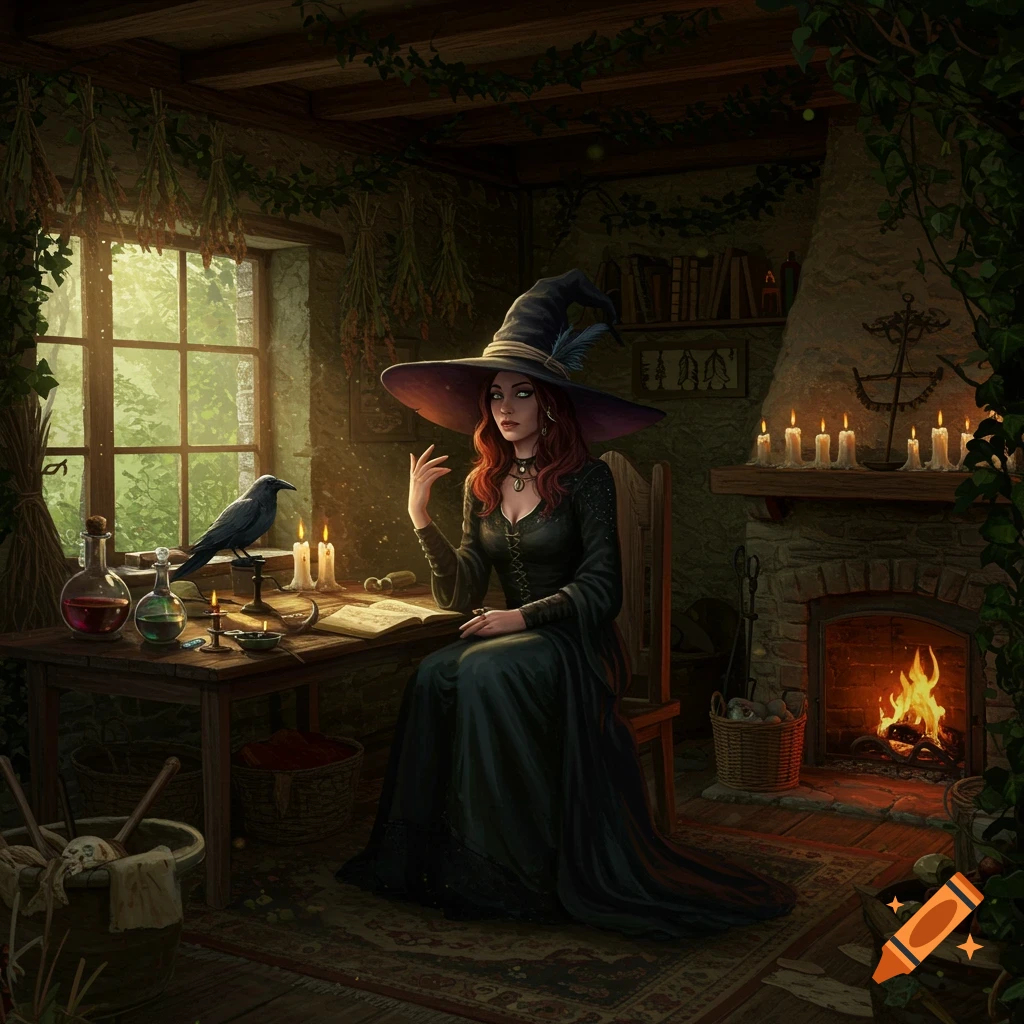 A witch in a black dress and large hat sits at a desk in an old, mystical cottage with a crow, open book, and potions, by a sunlit window and fireplace.