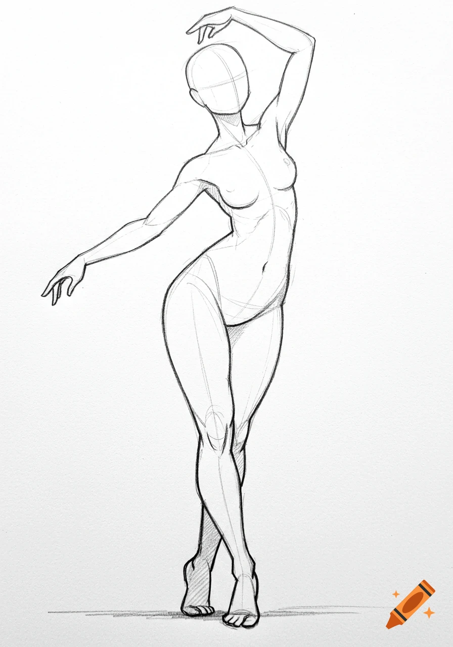 Pencil drawing of a female figure in a dynamic pose for art reference.
