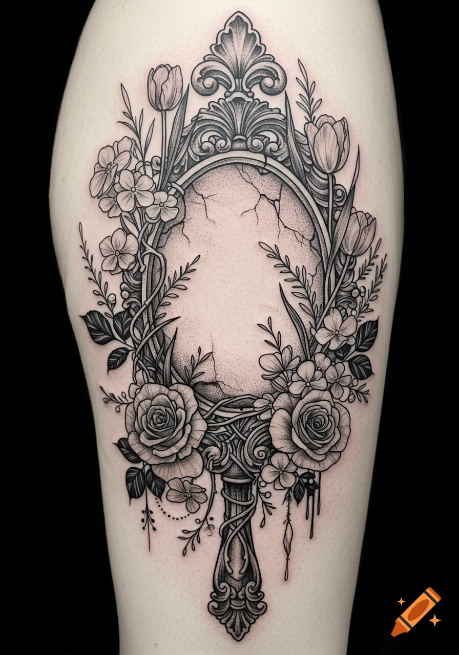 A detailed black and grey tattoo of an ornate antique mirror frame, adorned with lush roses, tulips, and vines, on a person's leg.