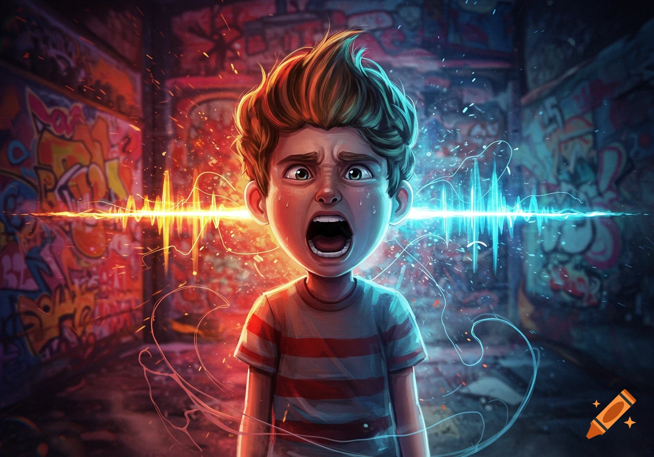 A cartoon boy screams in an urban setting, overwhelmed by sound waves of red and blue energy, in a vibrant, dynamic illustration style.