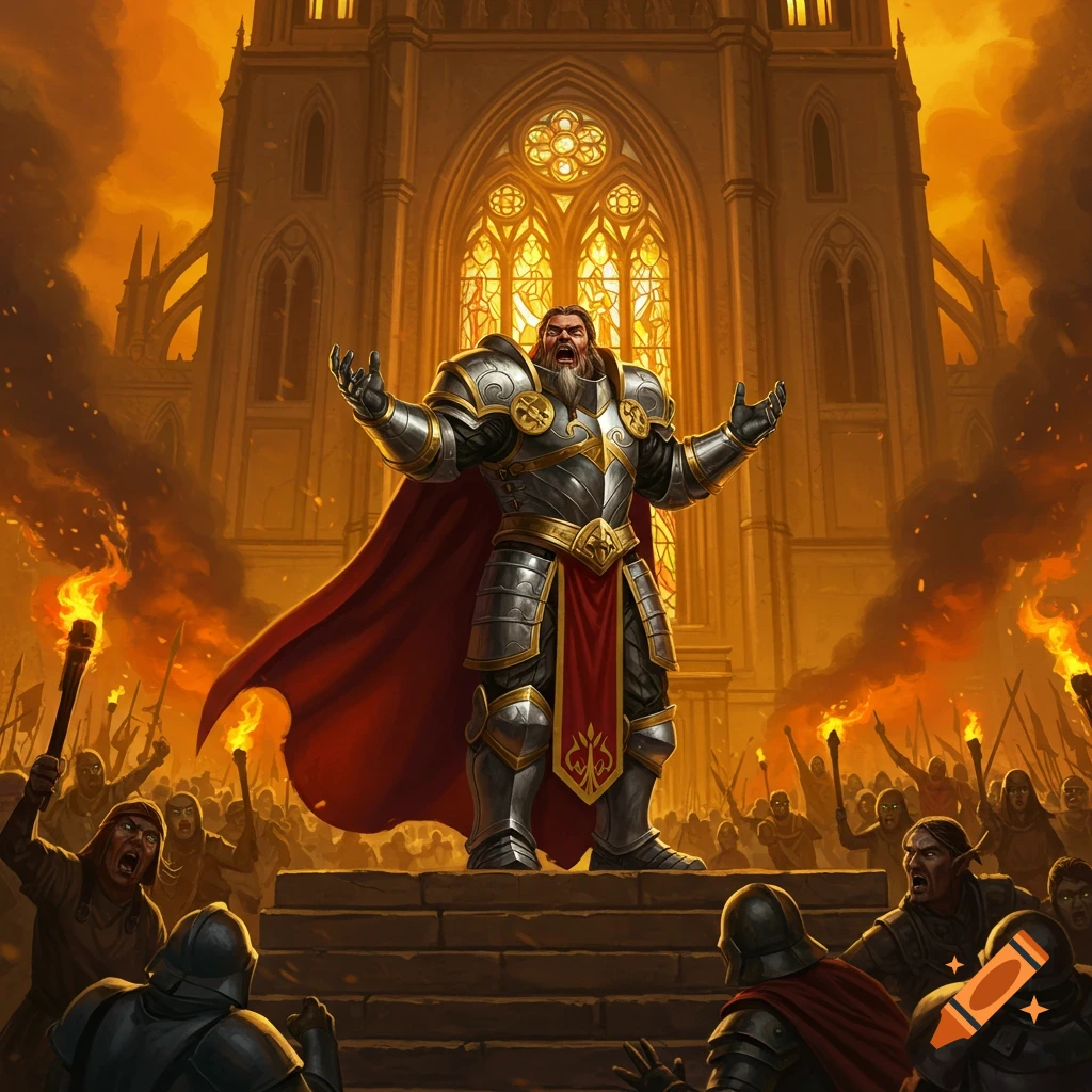 A powerful knight in shining armor with a red cape delivers a fiery speech to a crowd, standing before a grand cathedral ablaze in the background.