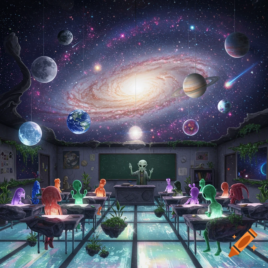 A classroom where diverse aliens are students, with a large galaxy and planets forming the ceiling.