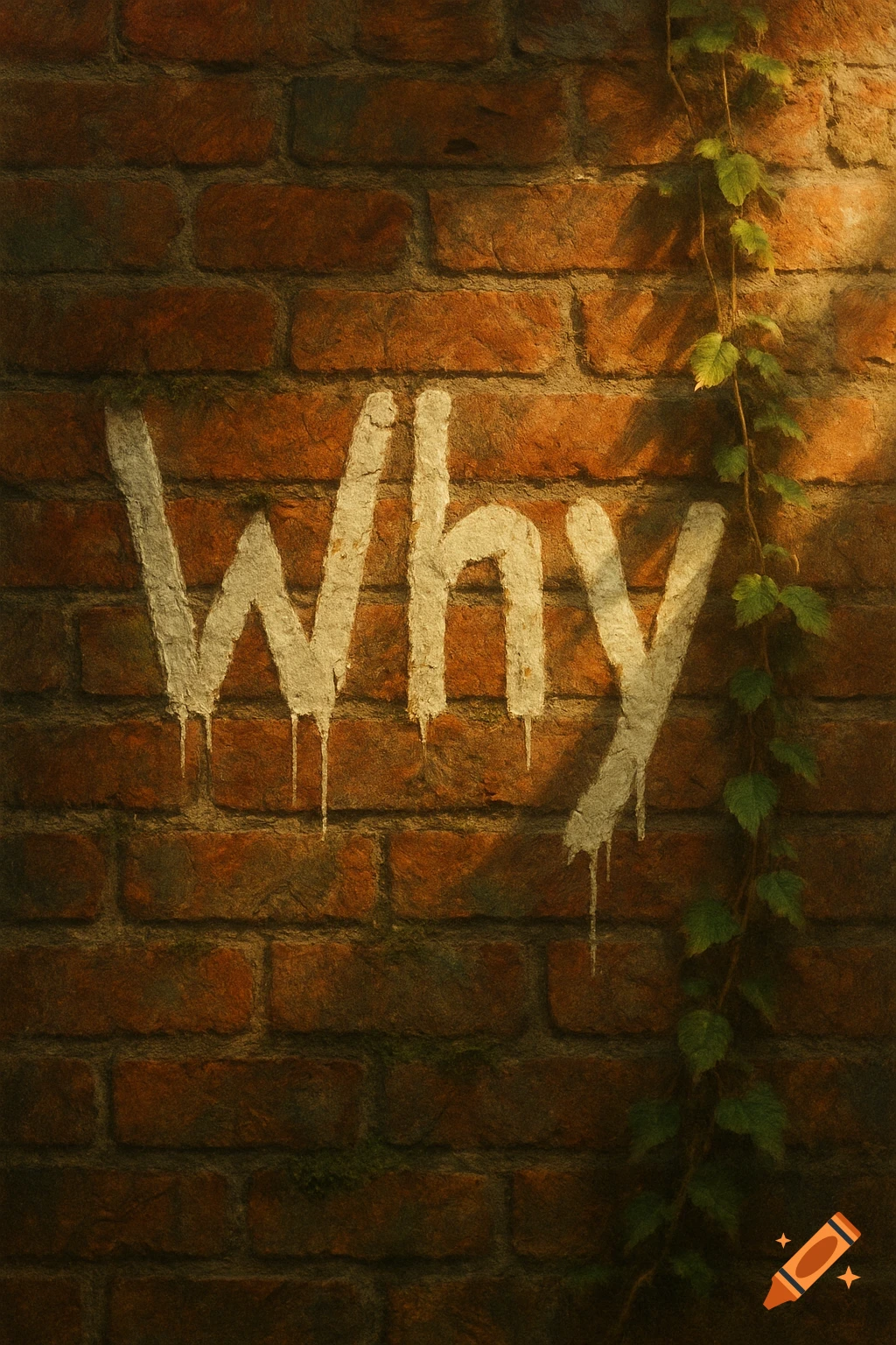 The word 'Why' painted in white, dripping letters on a textured brick wall with ivy growing on the right side, bathed in warm light.