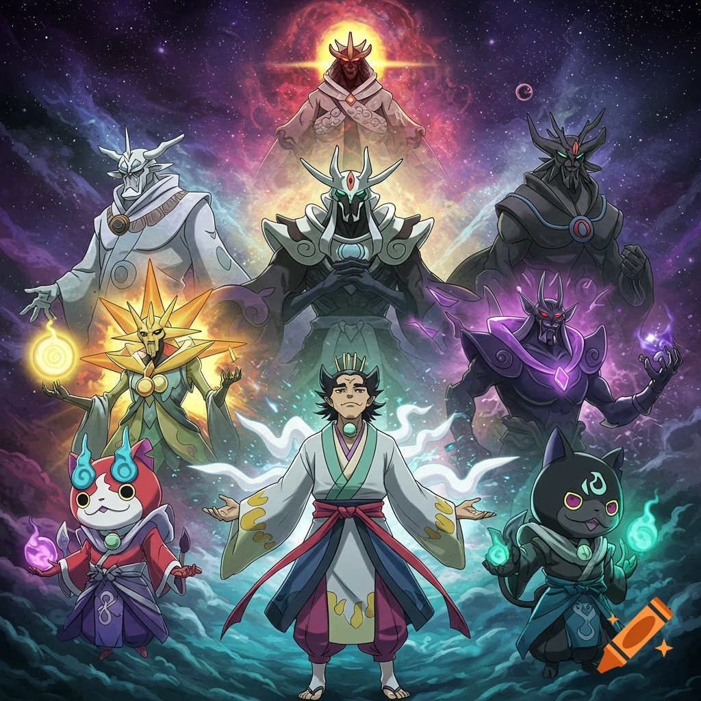 An anime-style group illustration of multiple god-like and monster characters, along with a human-like figure, against a vibrant cosmic sky.