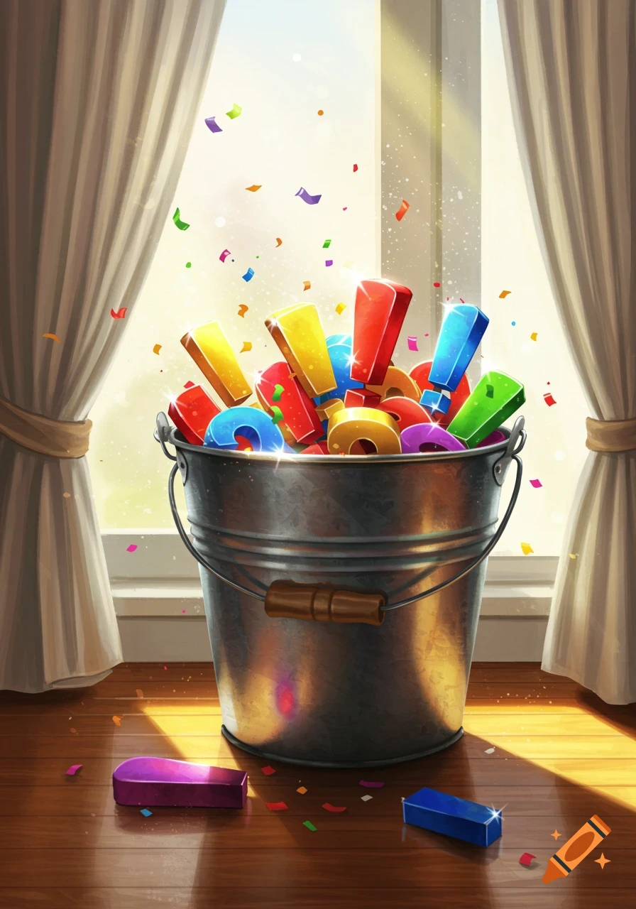 A metal bucket overflowing with colorful exclamation marks and confetti sits on a wooden floor in front of a sunlit window.