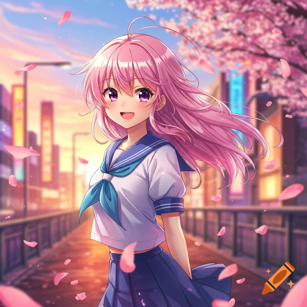 Anime girl with pink hair in a school uniform smiles on a city street with cherry blossoms falling at sunset.