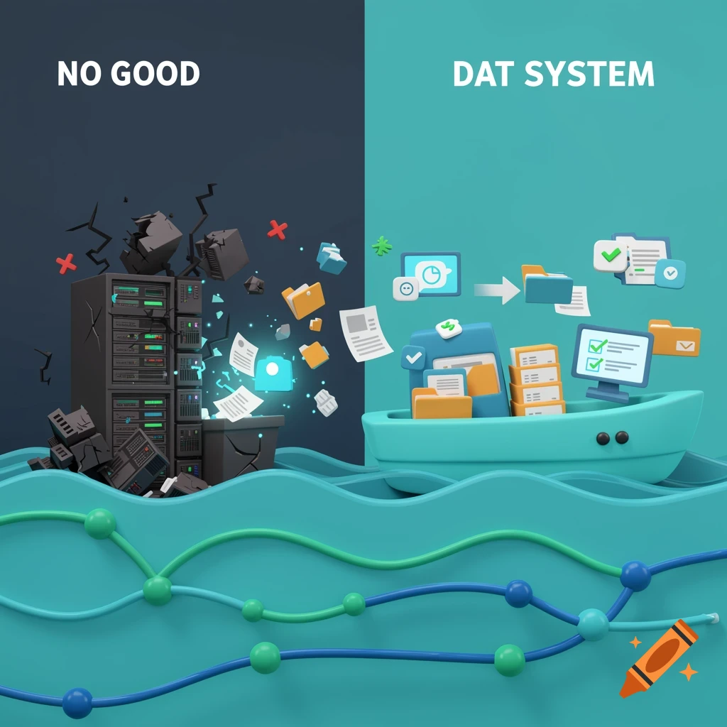 Cartoon illustrating data flow: a crumbling server labeled 'NO GOOD' on one side and an organized 'DAT SYSTEM' boat on the other.