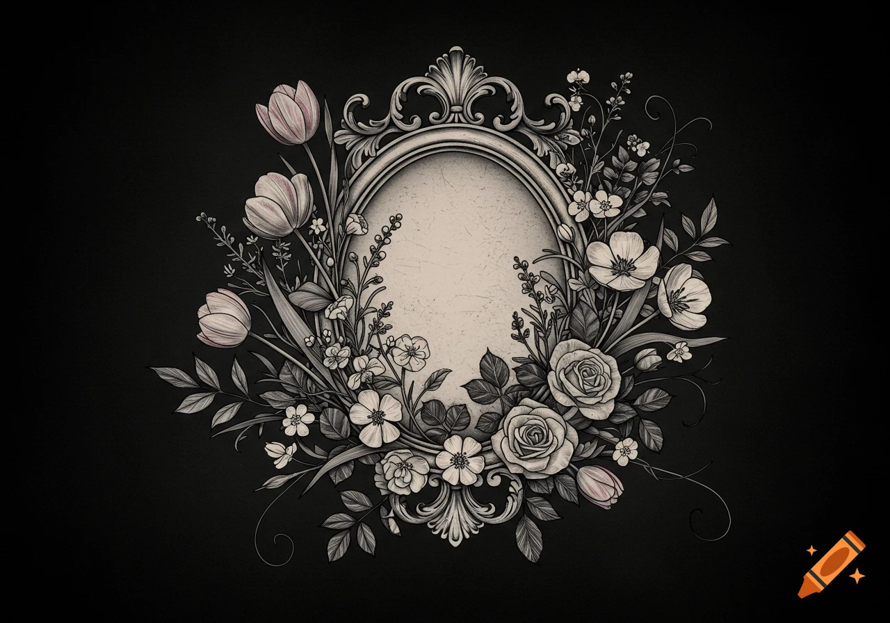 An ornate oval frame surrounded by roses, tulips, and wildflowers in a black and white vintage botanical illustration style with hints of pink on a dark background.