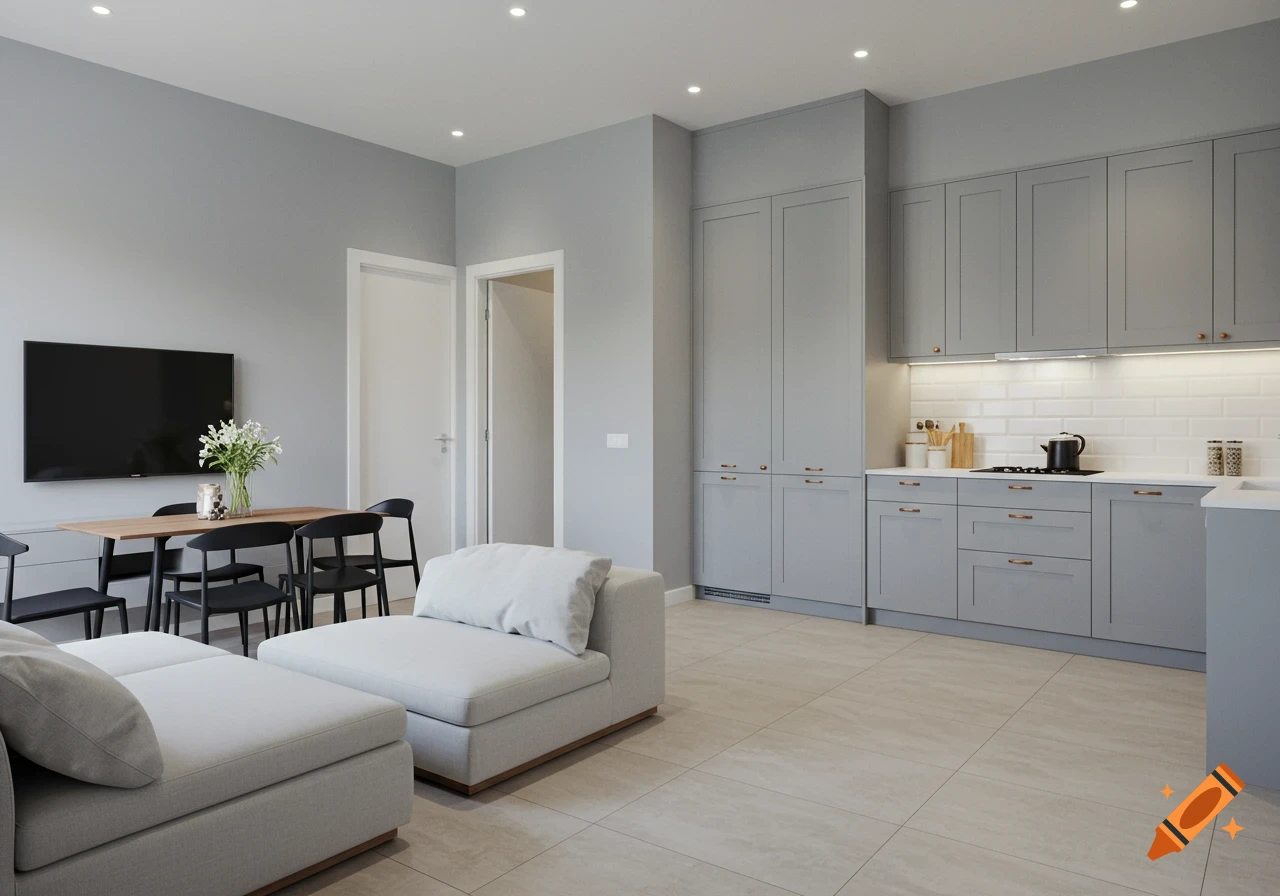 Photorealistic view of a modern minimalist open-concept living, dining, and kitchen area with light gray walls and beige tiles.