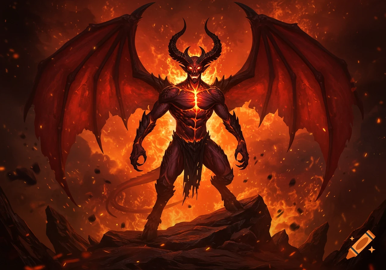 A horned demon with large red wings stands on rocks amidst a fiery, smoky landscape.