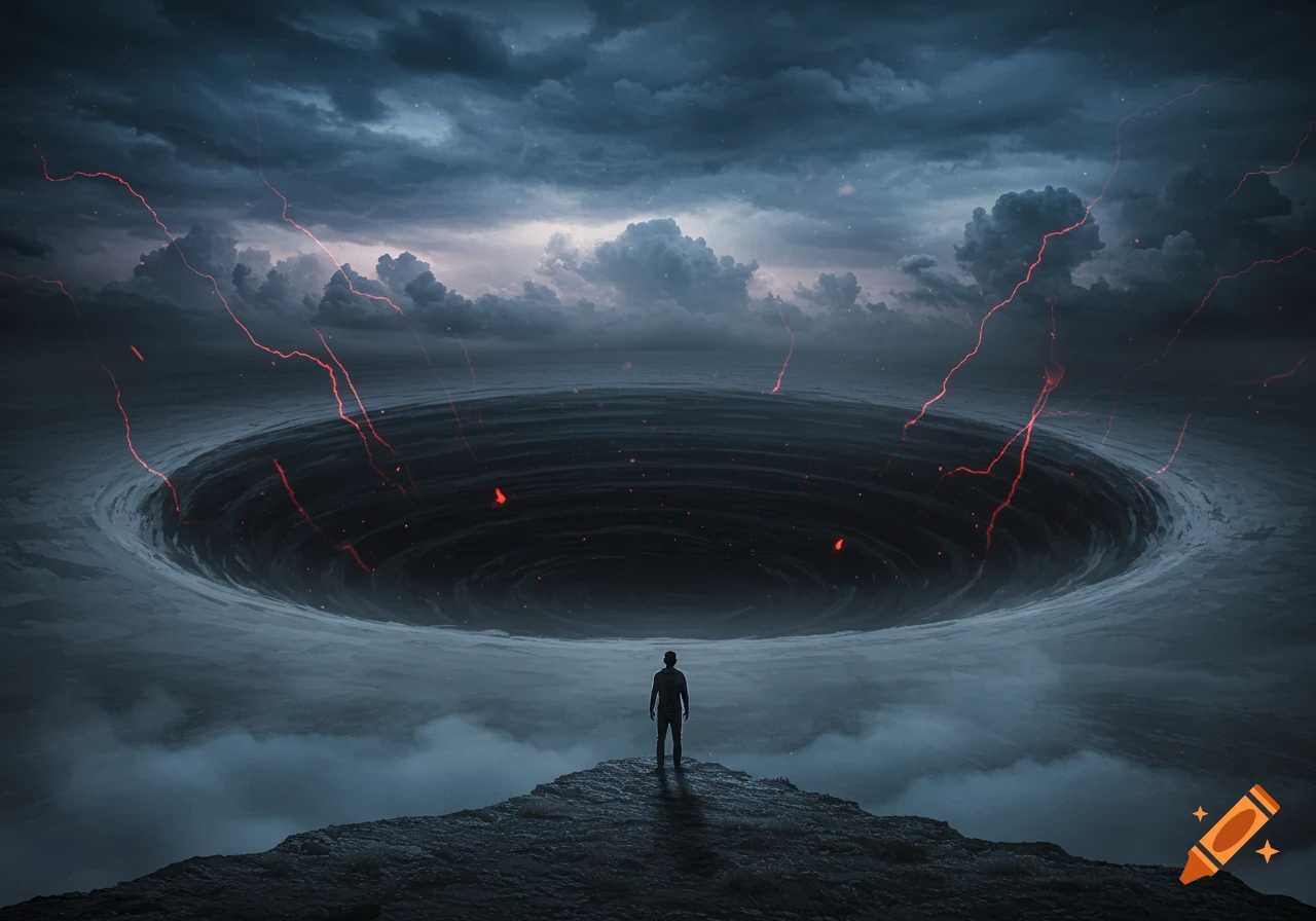 A lone figure stands on a cliff, facing a massive swirling dark vortex under a stormy sky with red lightning.