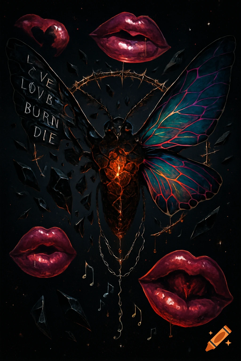 A dark fantasy illustration featuring a glowing moth with shattered crystal fragments, surrounded by floating red lips, musical notes, and chains.