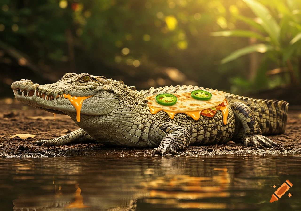 A photorealistic image of a crocodile with a quesadilla on its back, lying on dirt beside water. Melted cheese drips from its mouth.