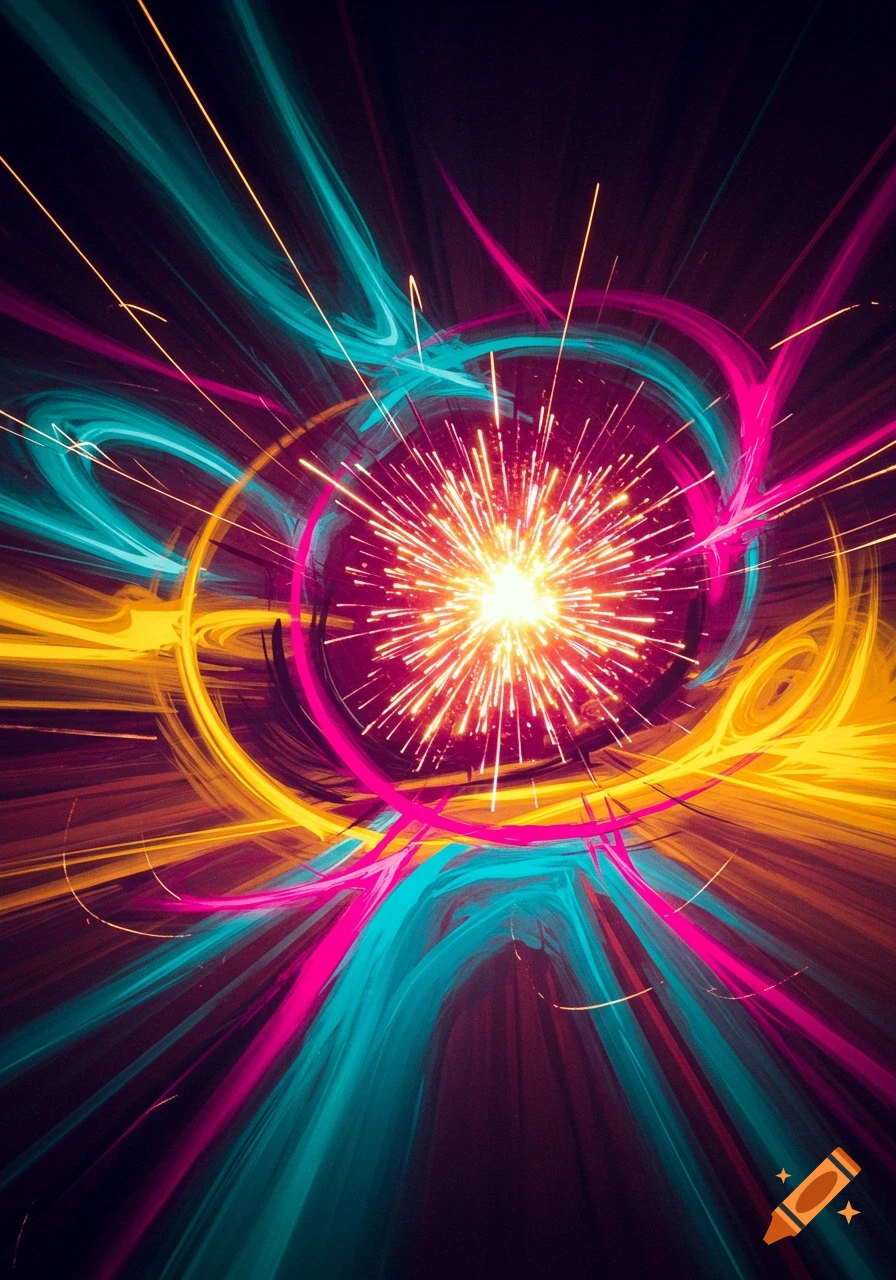 An abstract explosion of vibrant pink, teal, and yellow light bursts from a central bright point on a dark background.