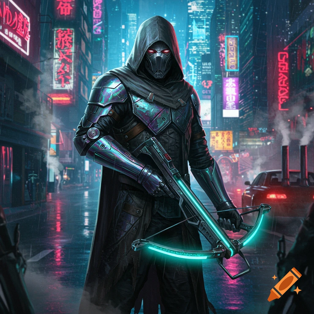 A hooded futuristic warrior in glowing armor holding a crossbow stands in a neon-lit cyberpunk city at night.