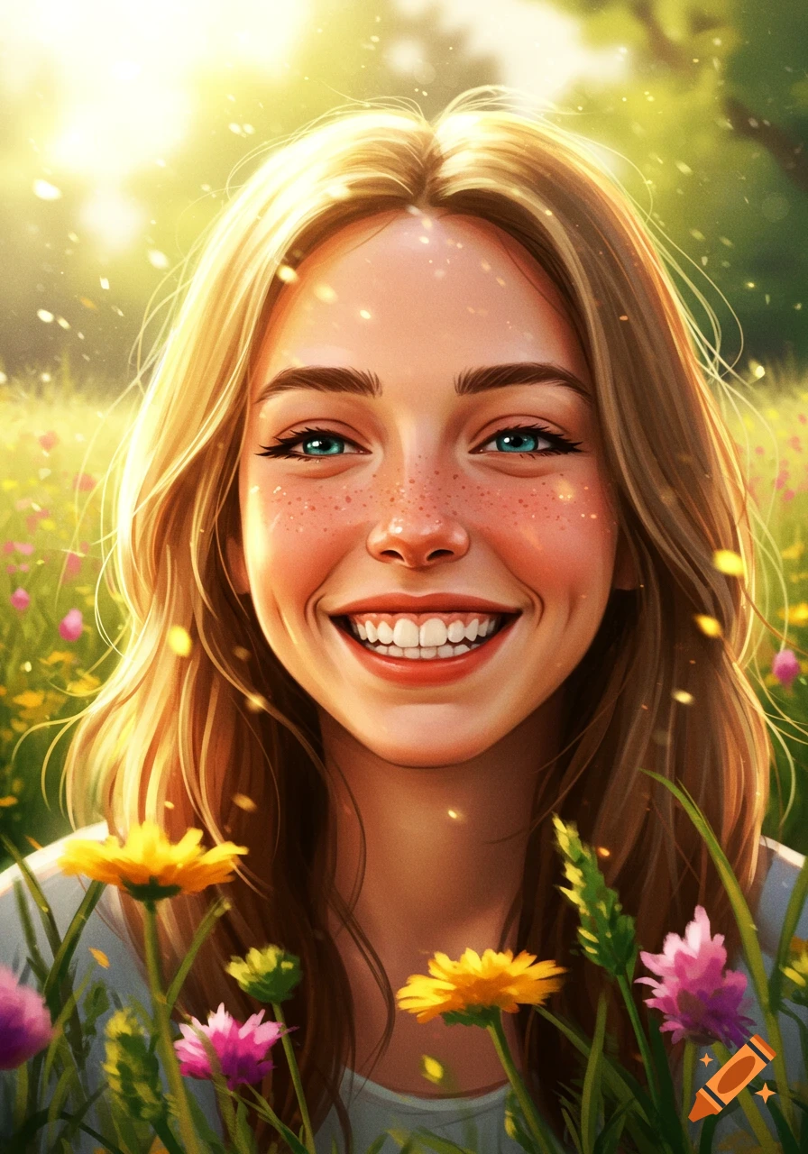 A vibrant illustration of a young woman with freckles and blue eyes smiling broadly in a sunny field of wildflowers.