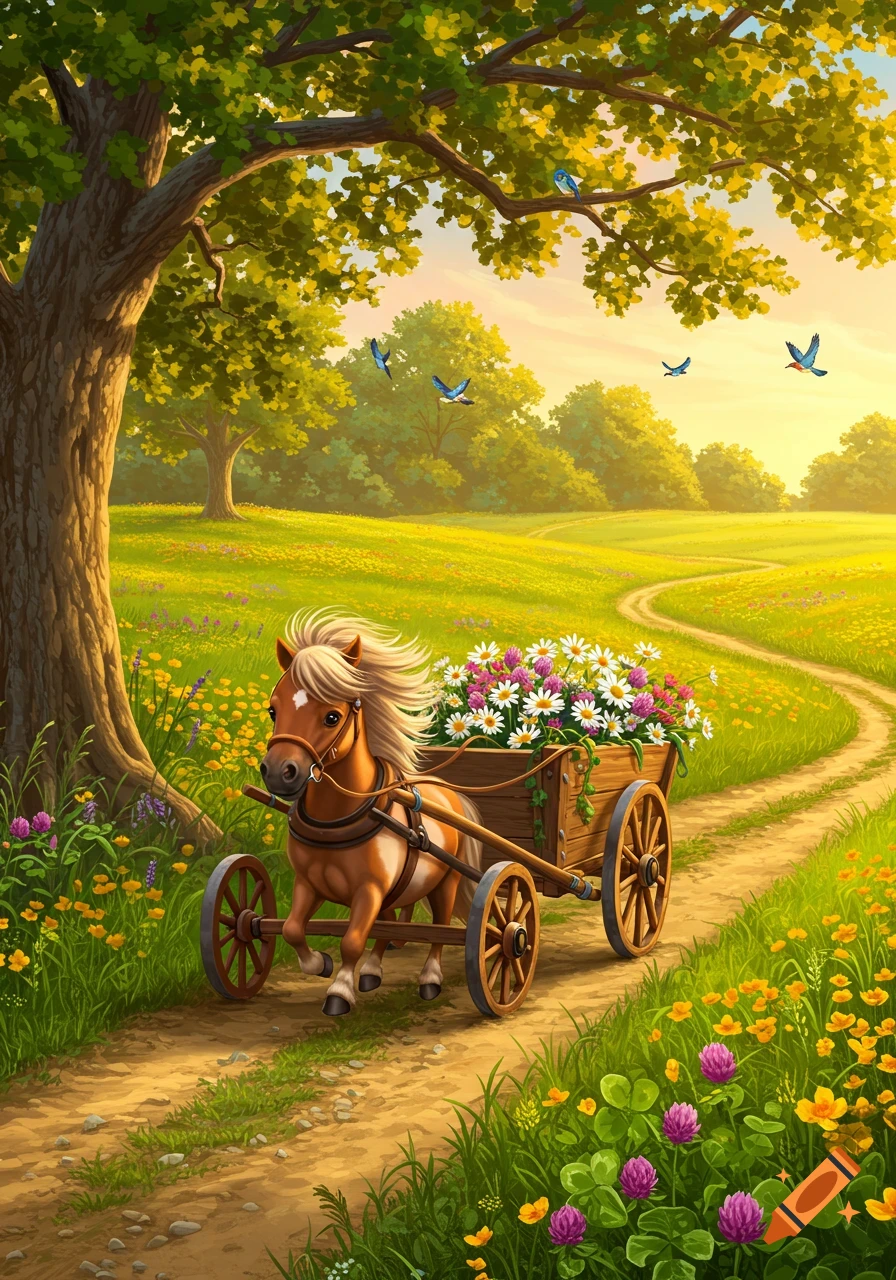 A whimsical mini horse pulls a wooden cart full of colorful flowers on a dirt path through a sunny green meadow with trees and birds.