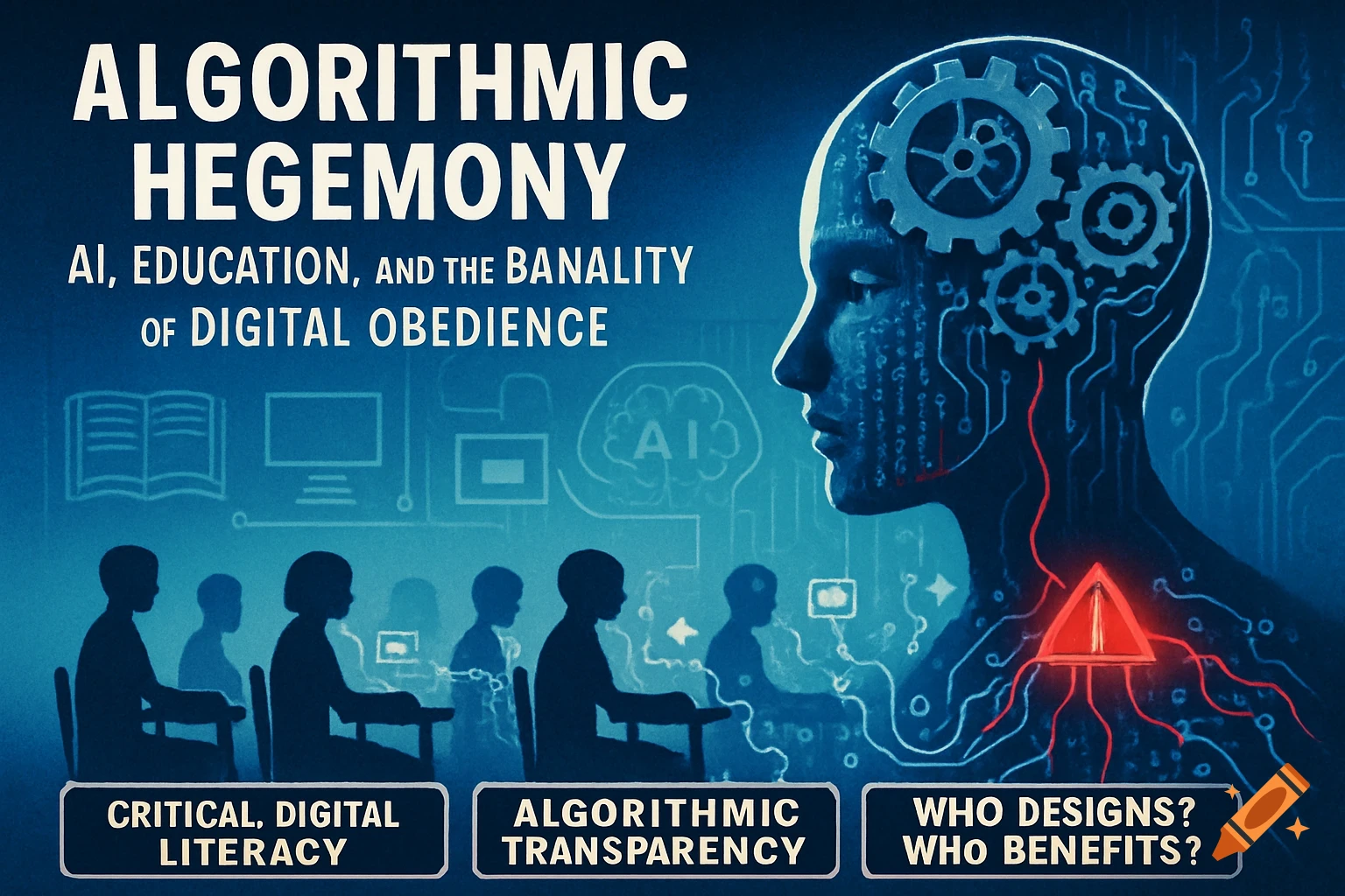 Conceptual digital art featuring an AI head, circuit patterns, silhouetted students in a classroom, and text about algorithmic hegemony.