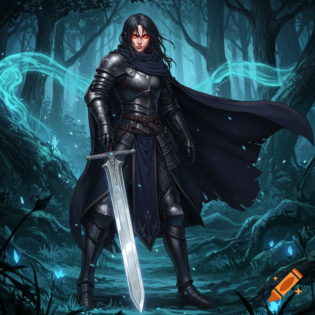An anime-style female paladin in full dark armor and a flowing cape holds a glowing sword in a mystical, dark forest with ethereal blue lights.