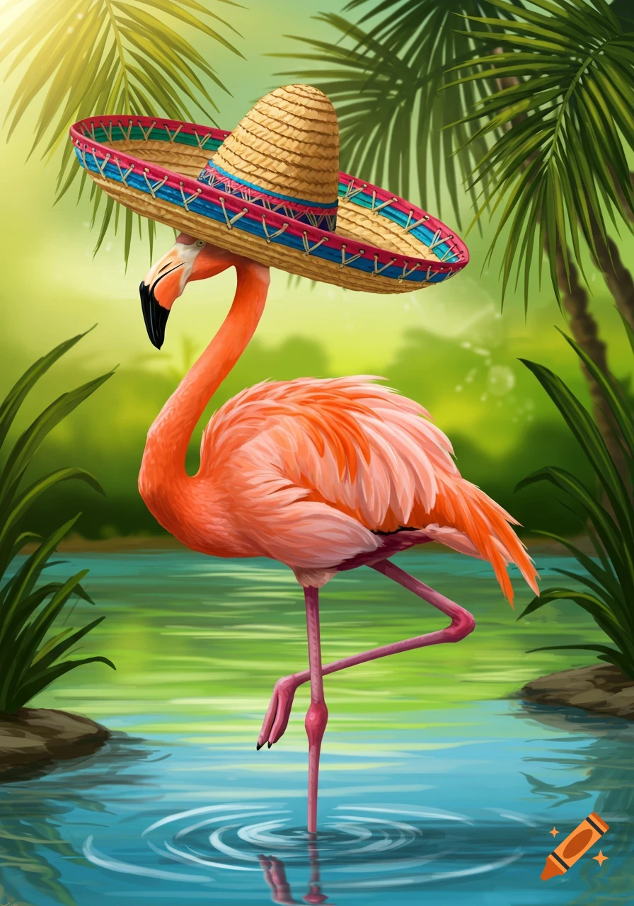 A vibrant pink flamingo stands in blue water, wearing a colorful sombrero, with green palm leaves in the background.