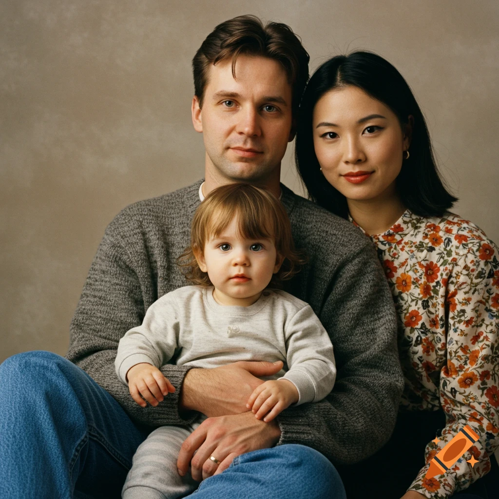 A man holding a baby on his lap, sitting next to a woman, in a 1990s style family portrait.