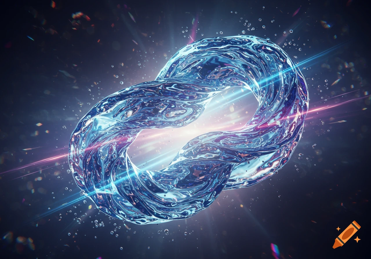 A glowing, twisted ring of blue liquid with light beams and floating particles against a dark, cosmic background.