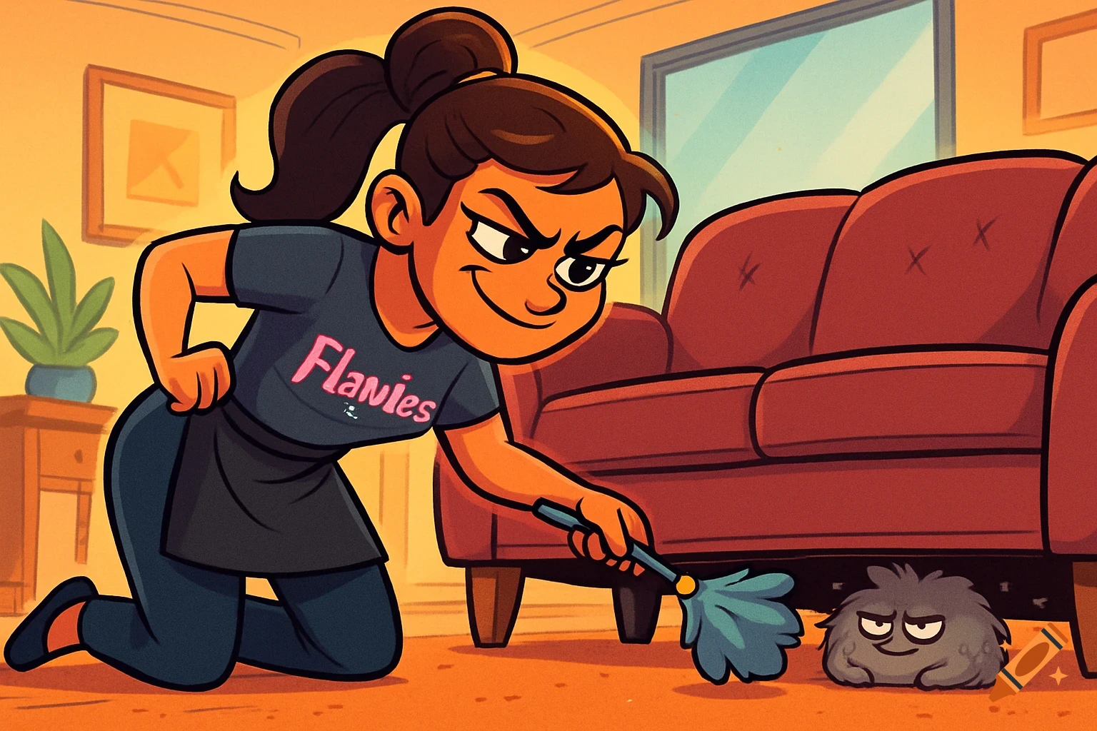 A comical cartoon of a determined cleaner woman kneeling, using a duster to confront a smug dust bunny under a sofa.