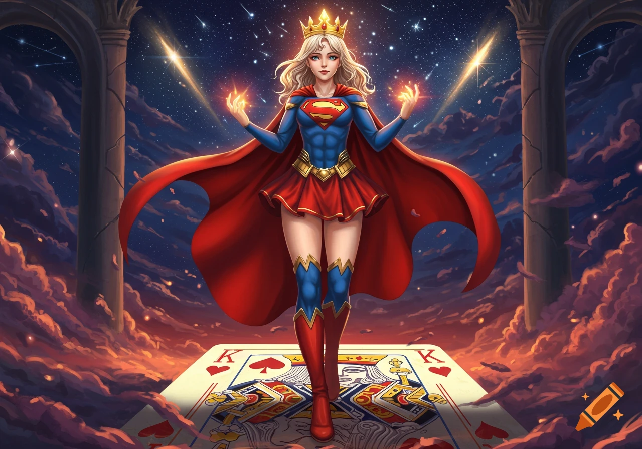 Anime Supergirl character with a crown and red cape stands on a King playing card under a starry night sky.