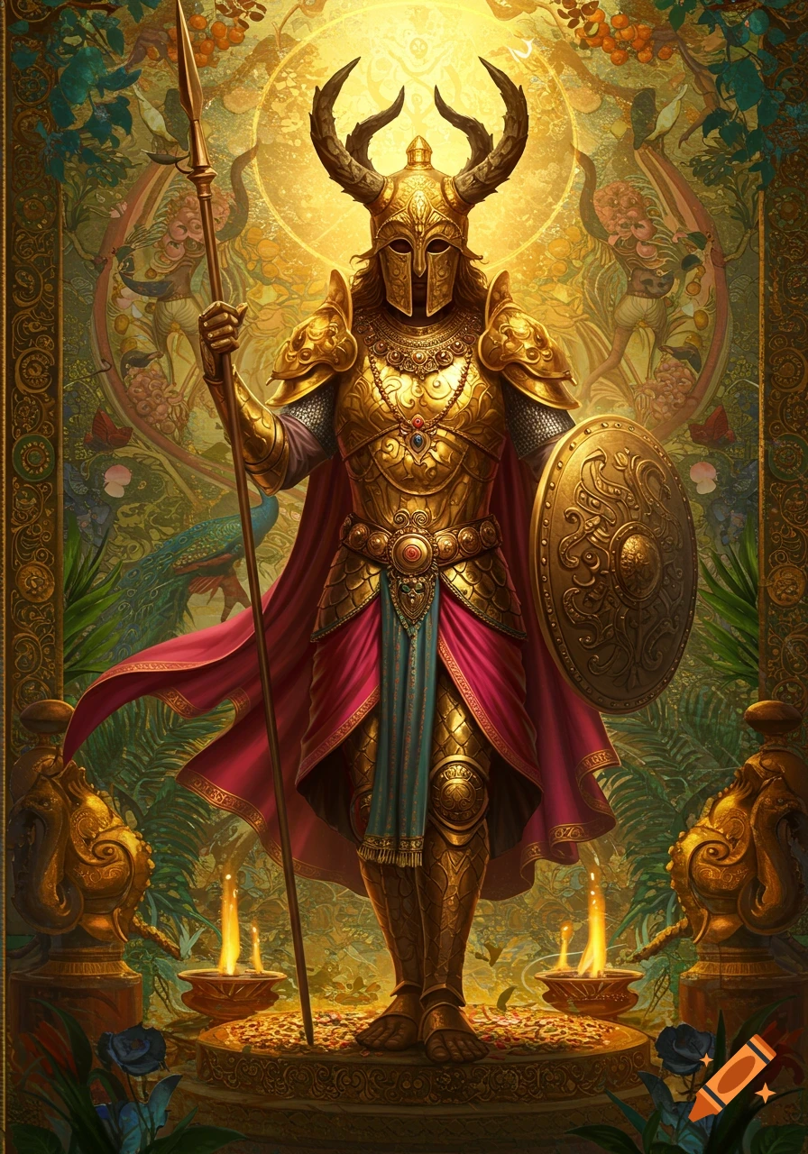 A majestic figure in ornate golden horned armor with a spear and shield, standing on a coin-strewn pedestal in the style of Hindu idols.