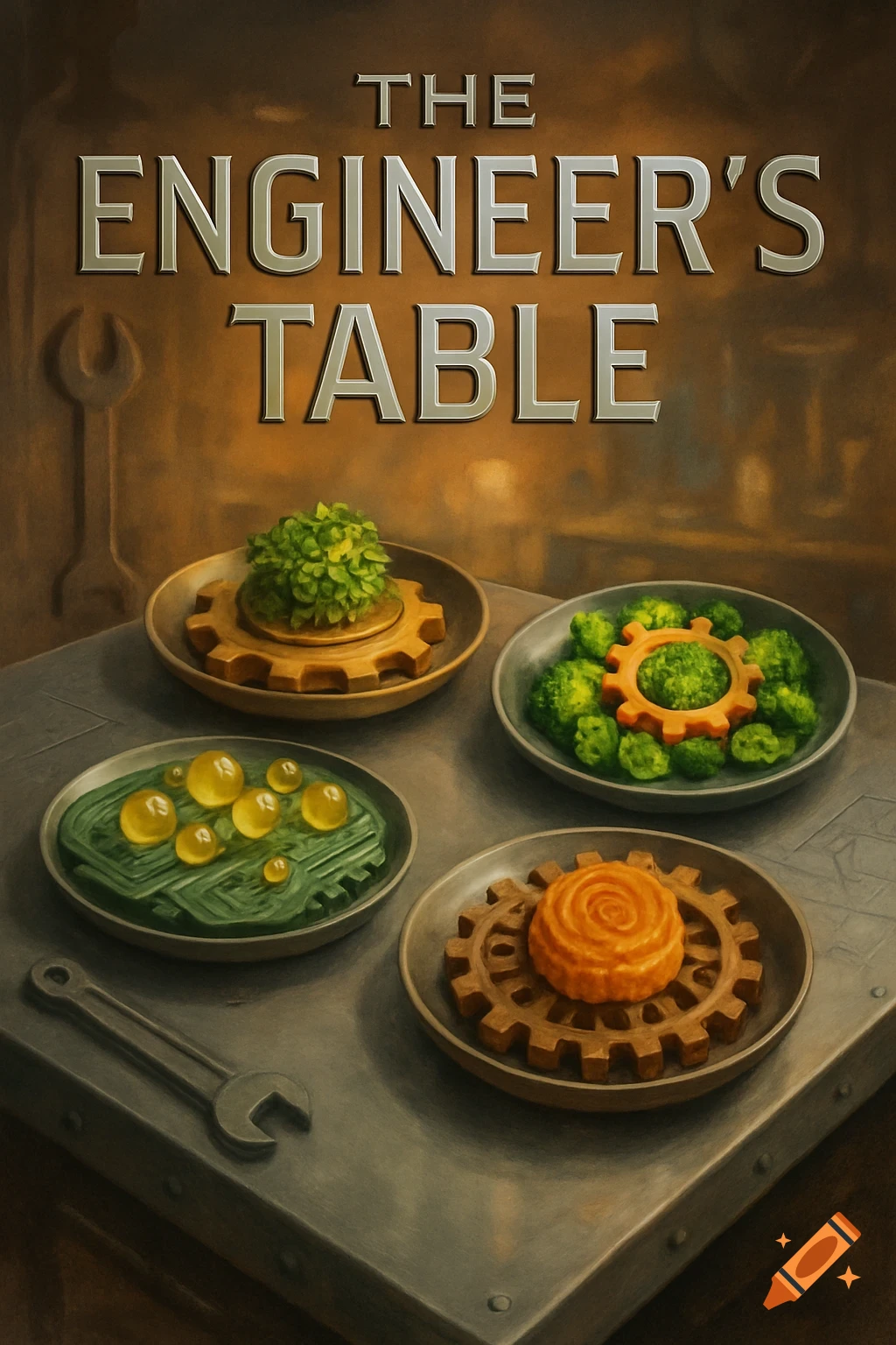 A steampunk-style cookbook cover titled 'The Engineer's Table,' showing abstract food dishes on gear-shaped plates with tools.