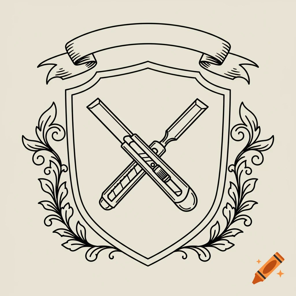 Simple line art monochrome emblem featuring a chisel and a box cutter knife crossed within a shield, adorned with decorative foliage and a blank banner.
